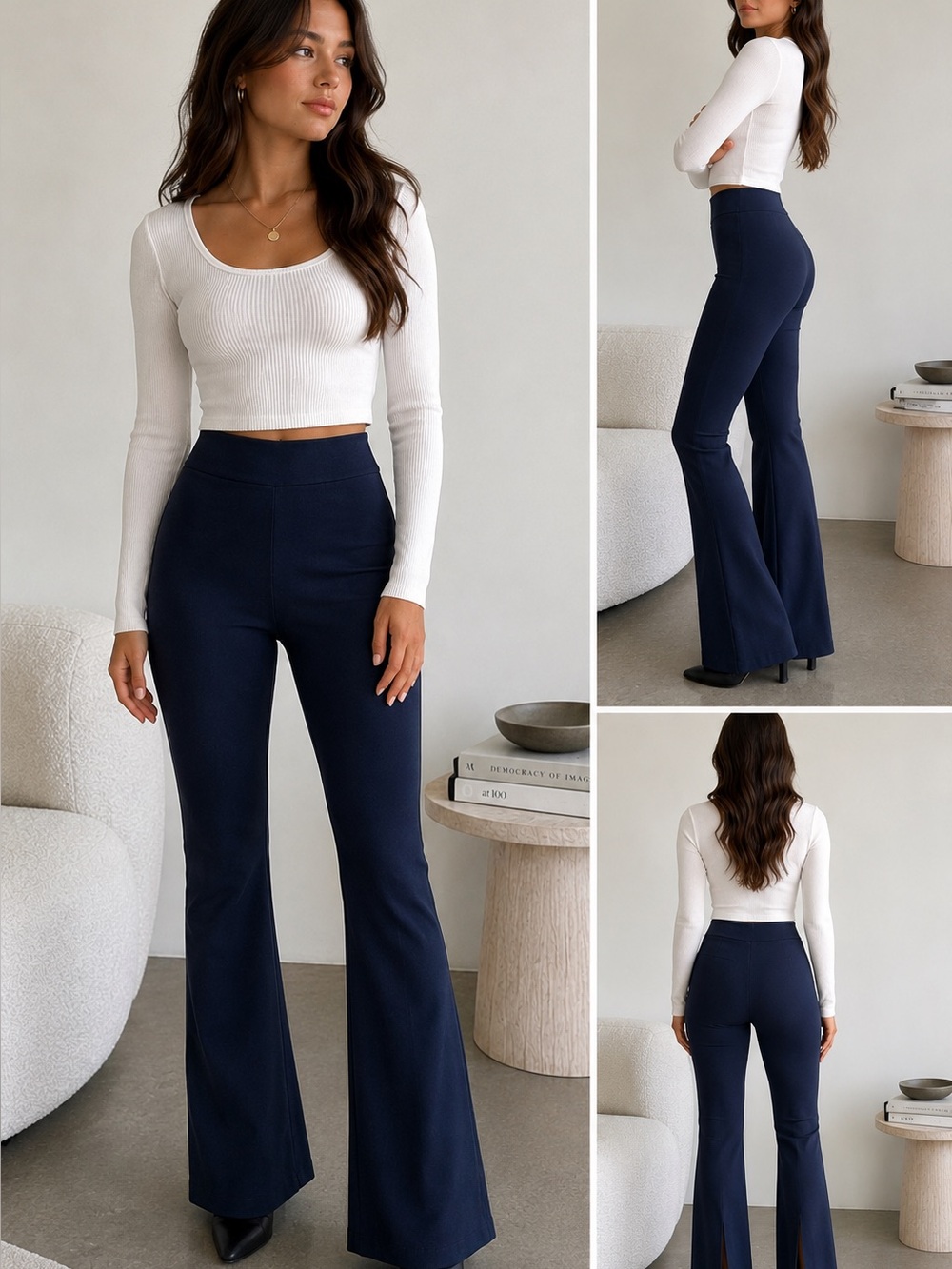 TEN by Babaton Navy Blue Knit Flare Pants Women’s Small High Rise Pull-On Stretc